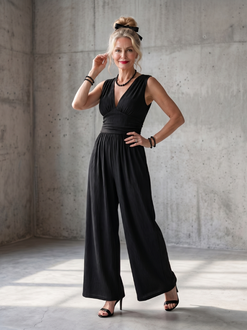 Vincenza | Jumpsuit mit tiefem V-Ausschnitt und definiertem Taillenbereich, weit geschnitten