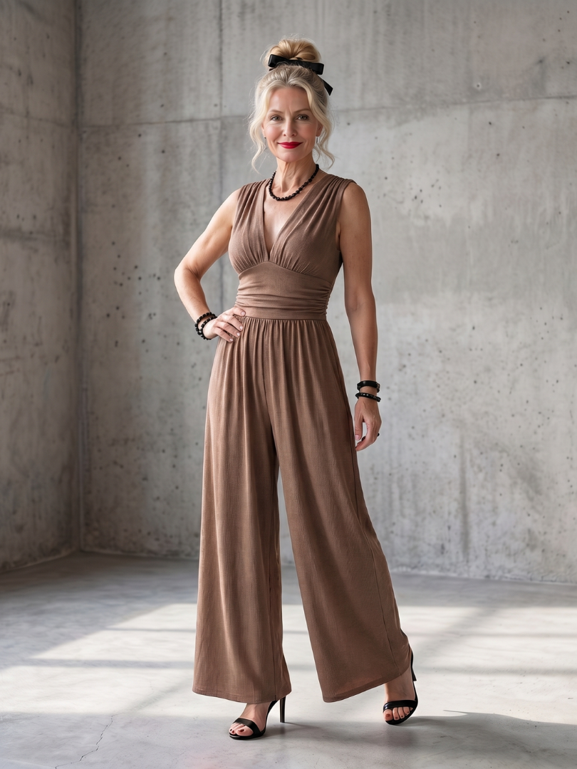 Vincenza | Jumpsuit mit tiefem V-Ausschnitt und definiertem Taillenbereich, weit geschnitten