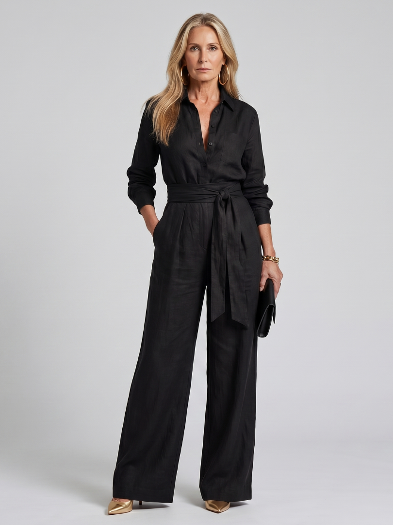 Jovie | Langärmliger Jumpsuit mit Knopfleiste und weitem Bein