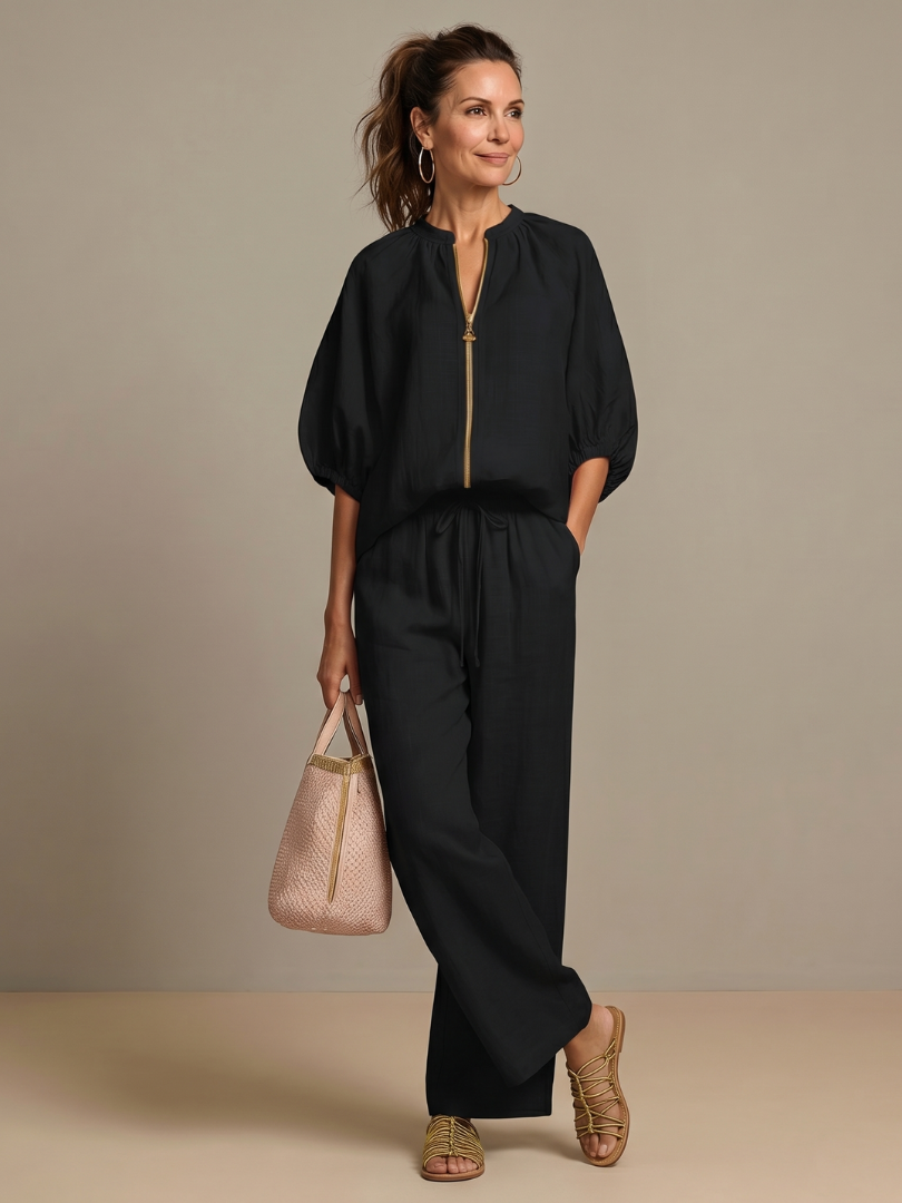 Natalia | Blouson Top mit Reißverschluss und Weitbein-Hose