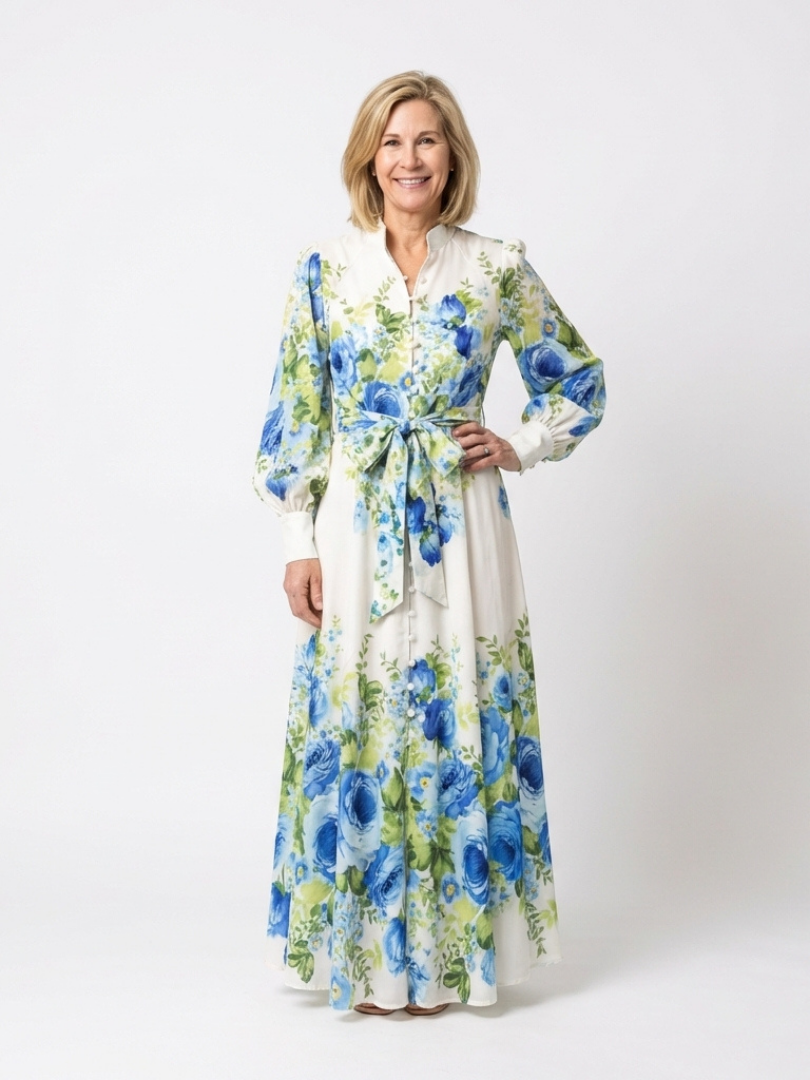 Harper | Maxikleid mit langen Ärmeln und Blumenmuster mit Frontknopf