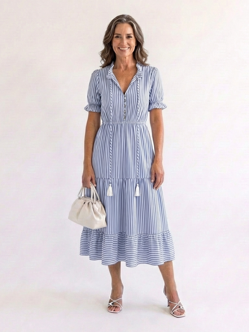 Dakota | Midi-Kleid mit kurzen Ärmeln und Streifen