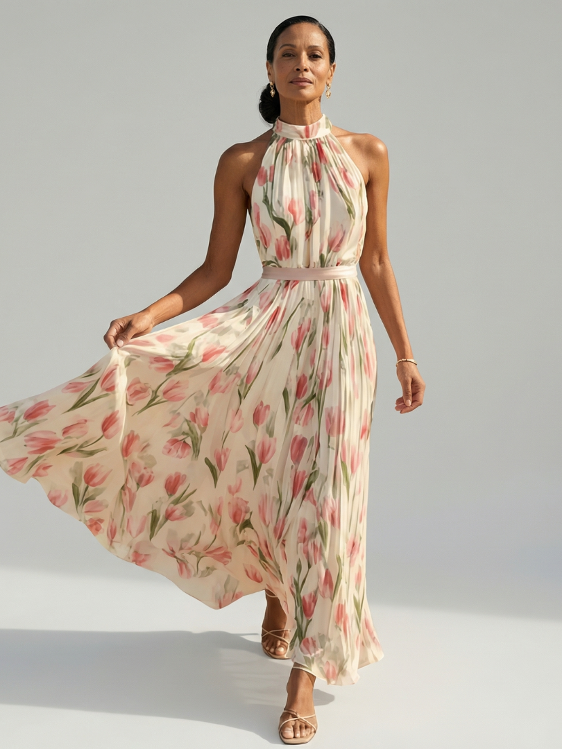 Aurelle | Midi-Kleid mit Blumen-Halterkragen