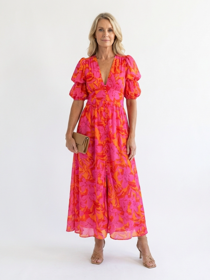 Weide | Midi Kleid mit Puffärmeln und V-Ausschnitt im Floral-Design