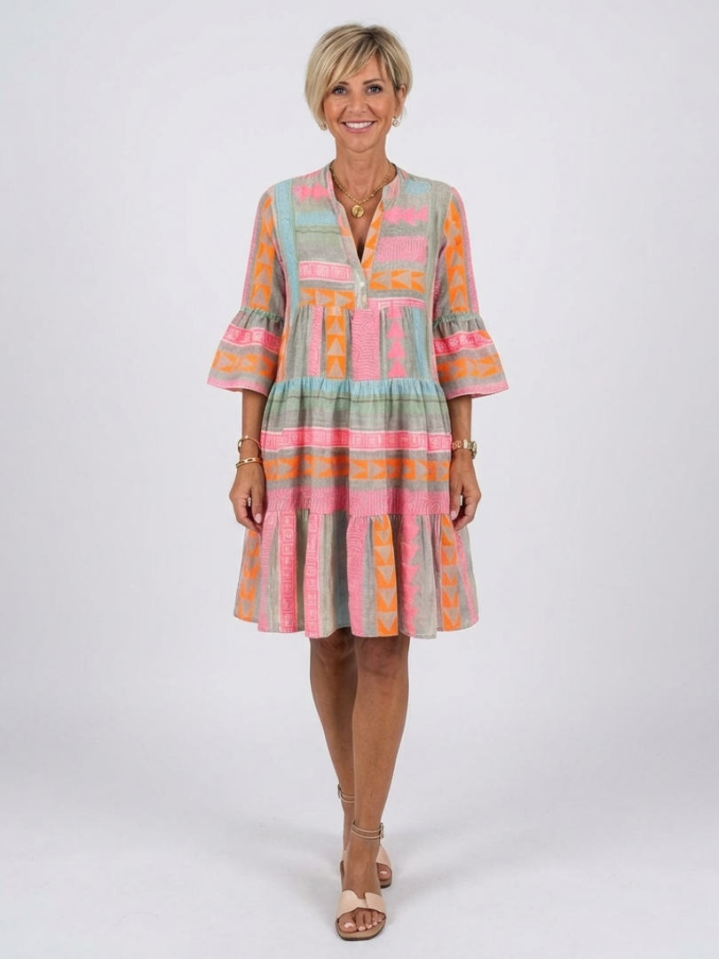 Maelle | Kleid mit geometrischem Muster und V-Ausschnitt, knielang