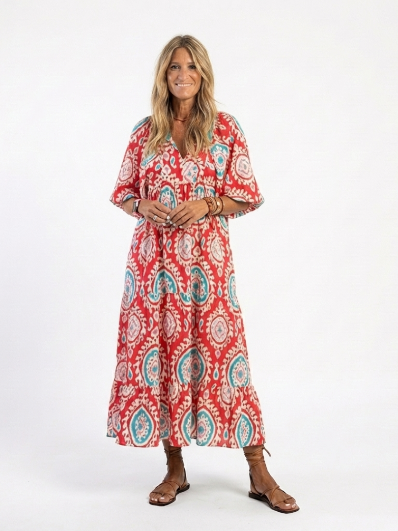 Zaria | Midi-Kleid mit Paisley-Muster, V-Ausschnitt und kurzen Ärmeln