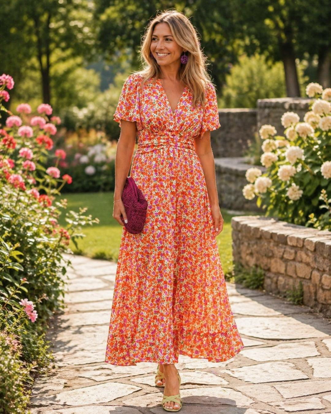 Rosalie | Lange Blumenkleid mit Drapierung in der Taille