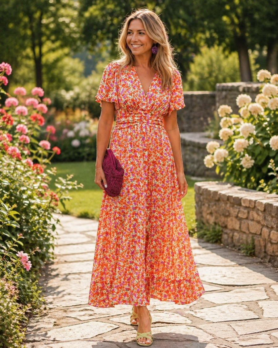 Rosalie | Lange Blumenkleid mit Drapierung in der Taille
