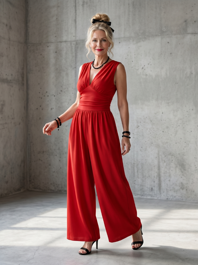 Vincenza | Jumpsuit mit tiefem V-Ausschnitt und definiertem Taillenbereich, weit geschnitten