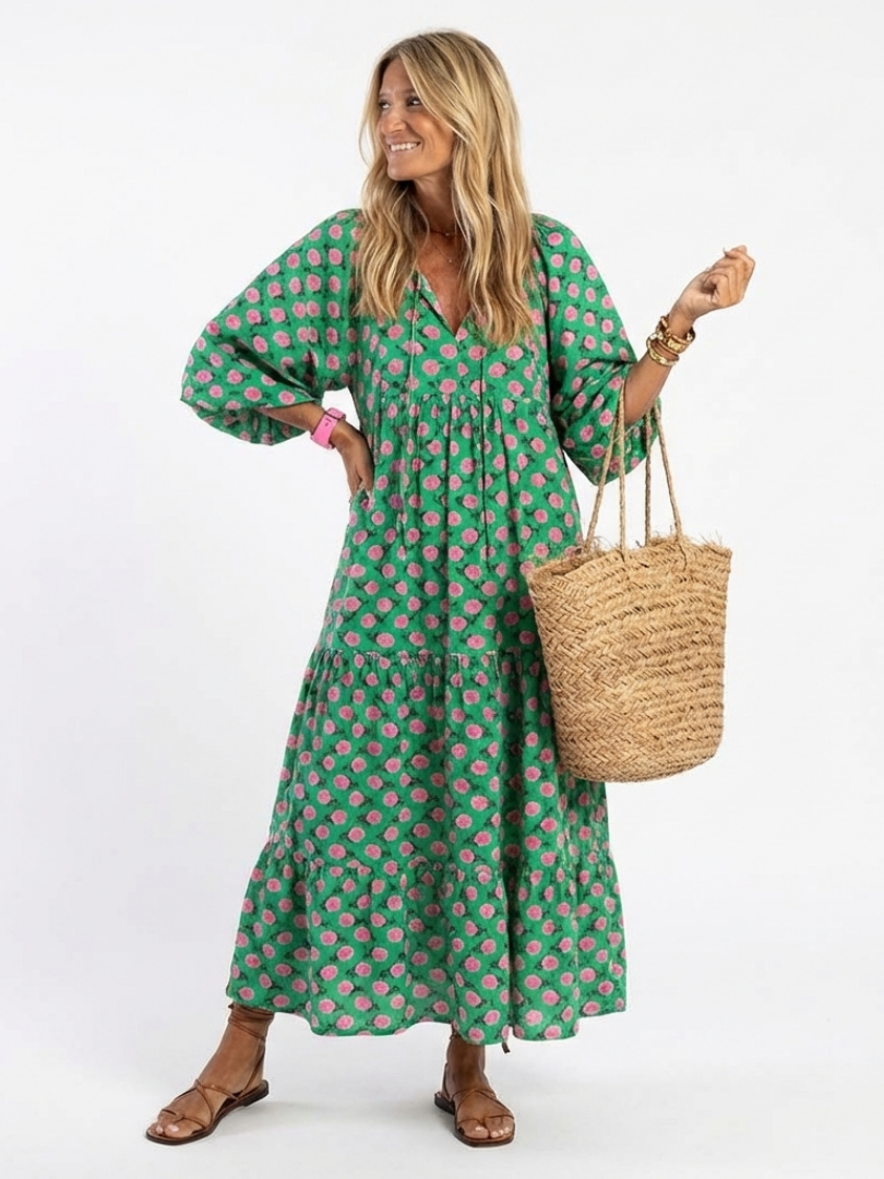 Fiora | Midi-Kleid mit Blumenmuster und V-Ausschnitt