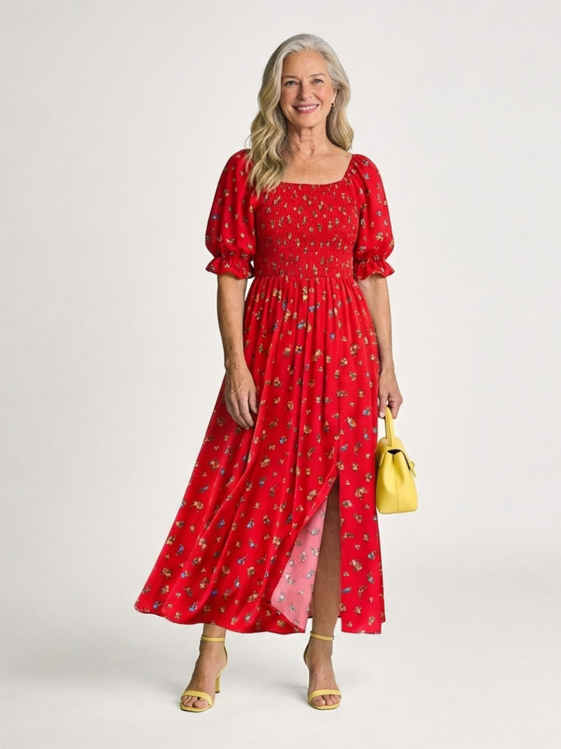 Delphine | Midi-Kleid mit Puffärmeln und quadratischem Ausschnitt mit Blumen