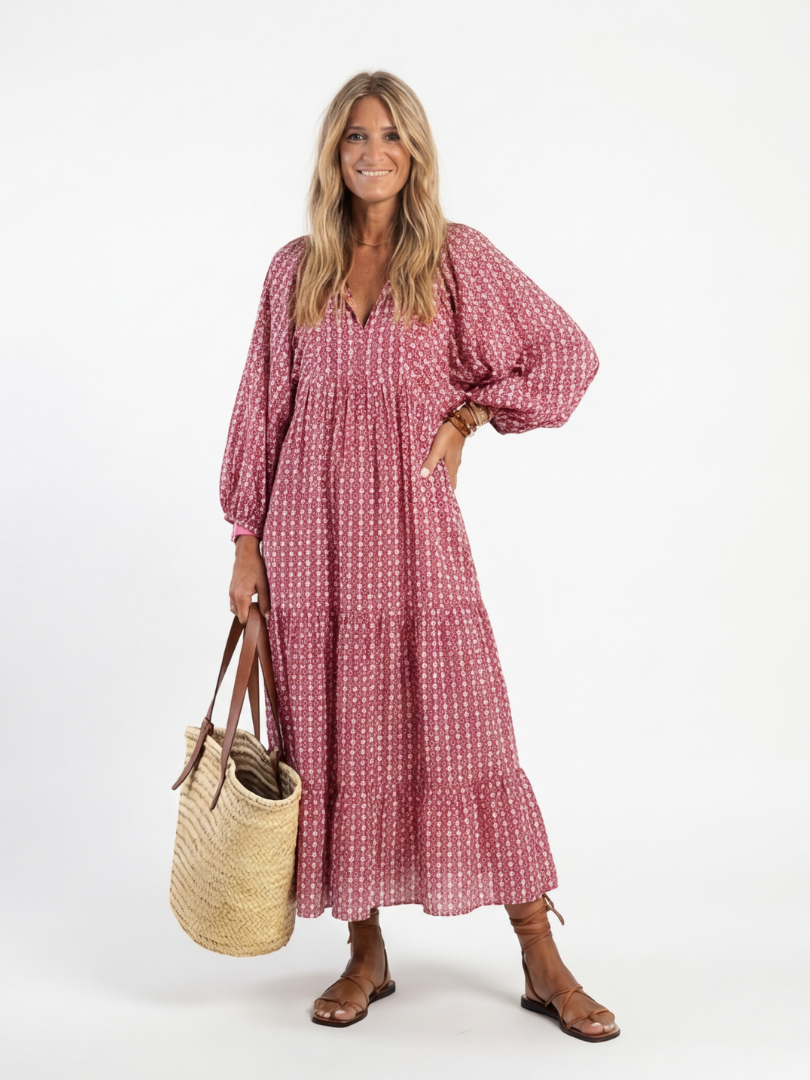 Arlette | Midi-Kleid mit geometrischem Muster und langen Ärmeln