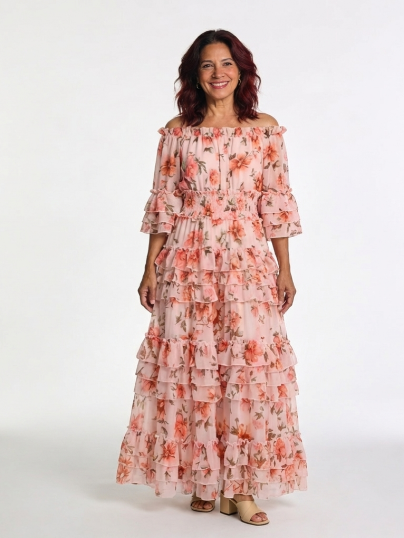 Rosalie | Maxikleid mit Rüschen und floralem Dekolleté Bardot