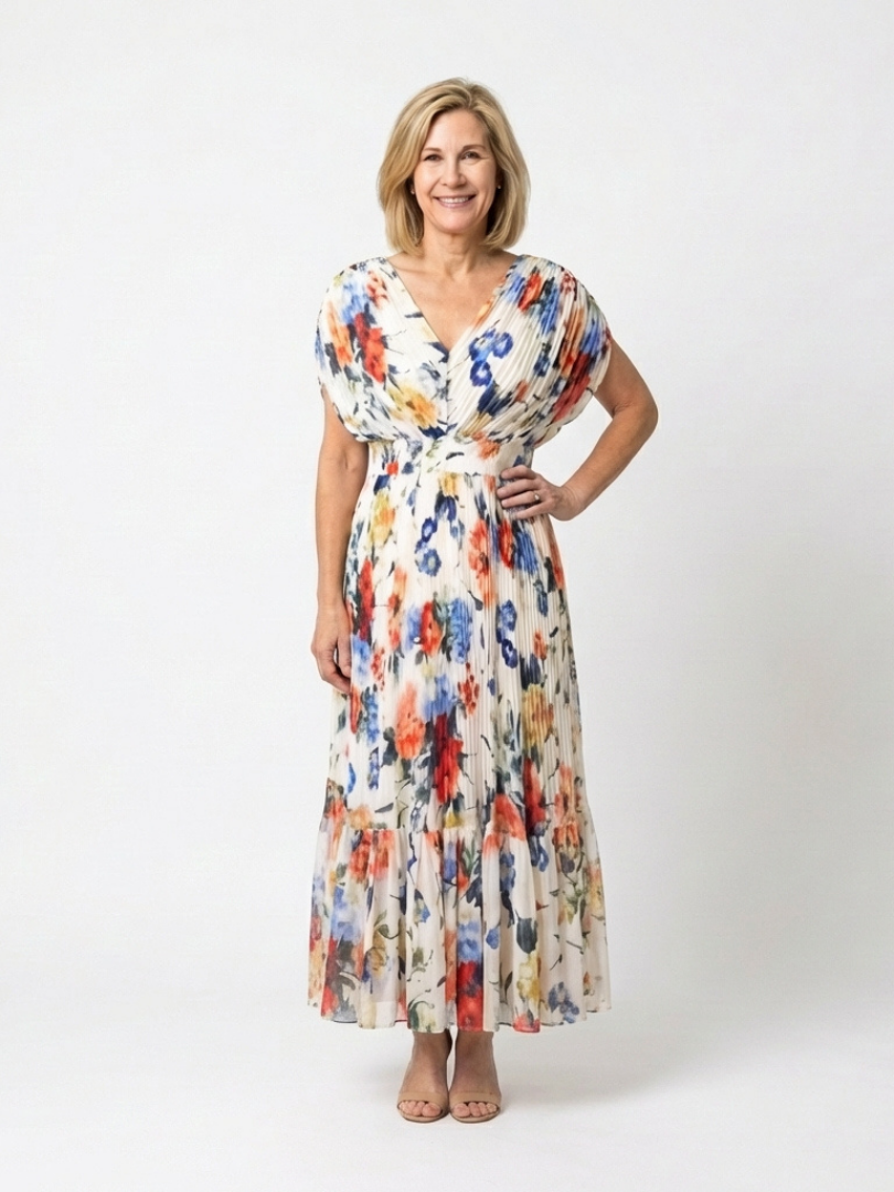 Savannah | Midi Kleid mit Blumenmuster und kurzen Ärmeln