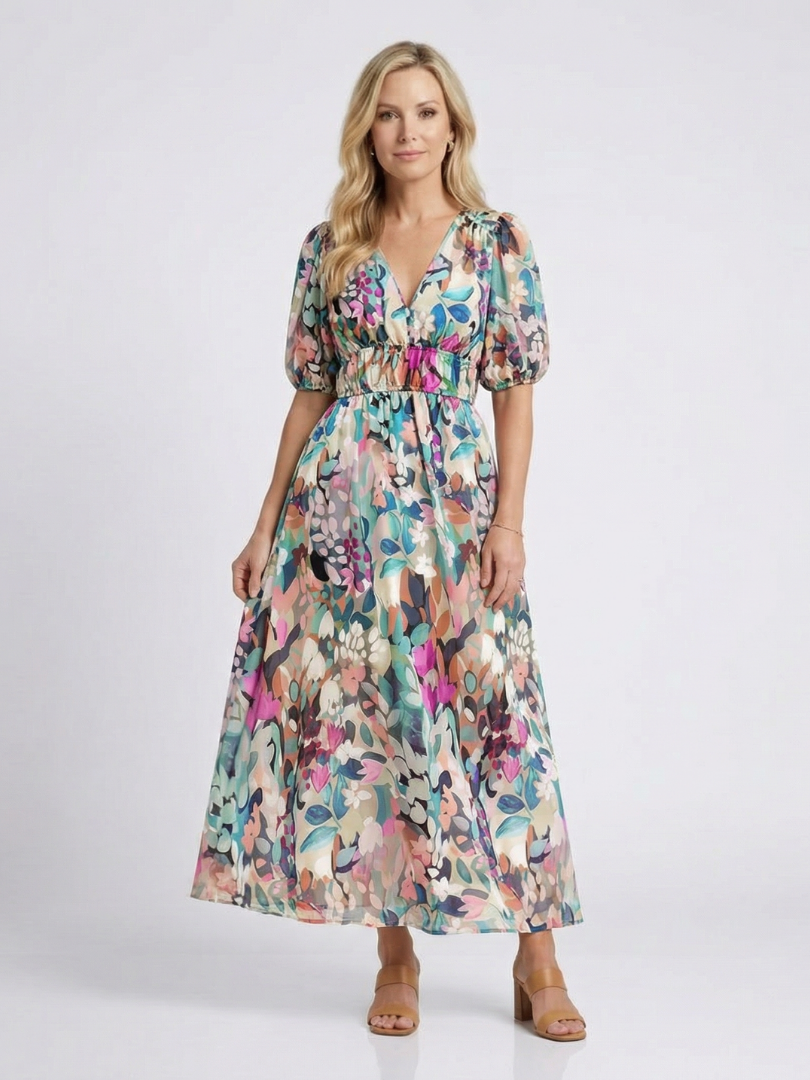 Eulalie | Midi-Kleid mit kurzen Ärmeln und geraffter V-Ausschnitt