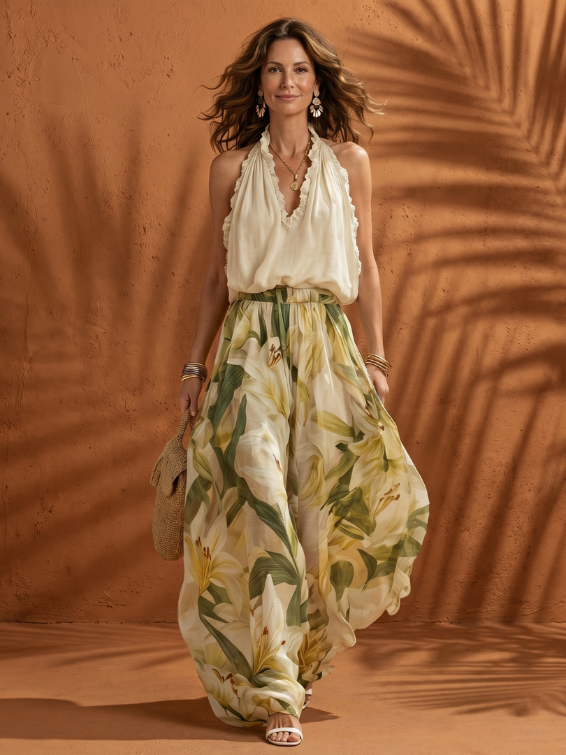 Solange | Halter Neck Bluse Floral Weite Bein Set