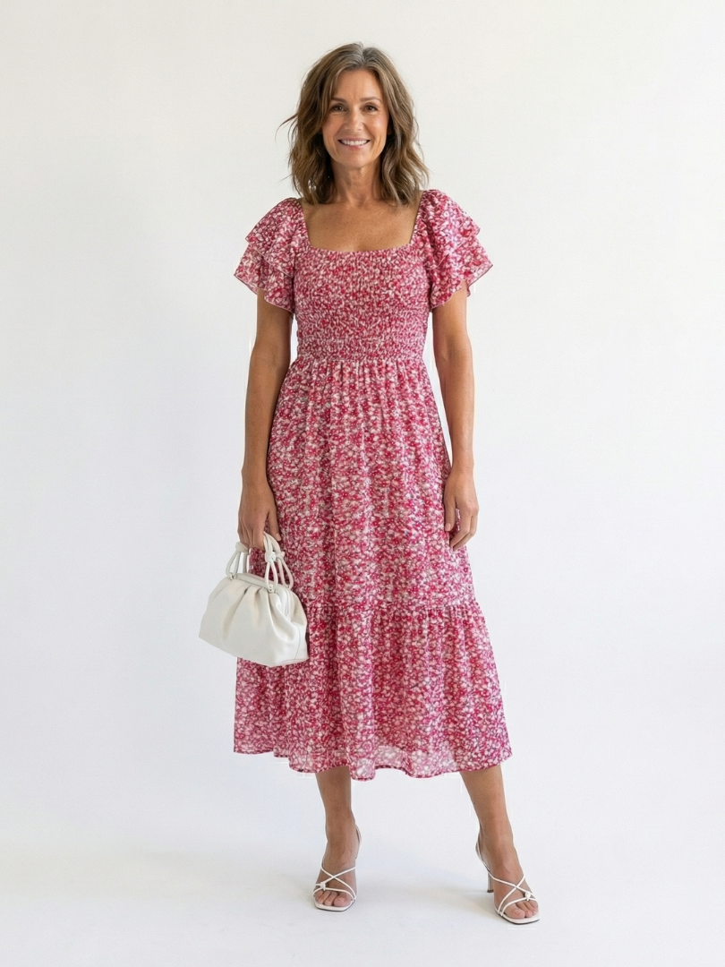 Odette | Midi Kleid mit Blumenmuster und schulterfreiem Ausschnitt
