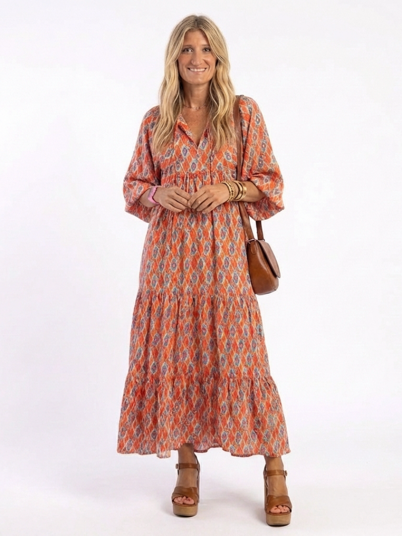 Amara | Midi-Kleid mit geometrischem Muster und V-Ausschnitt