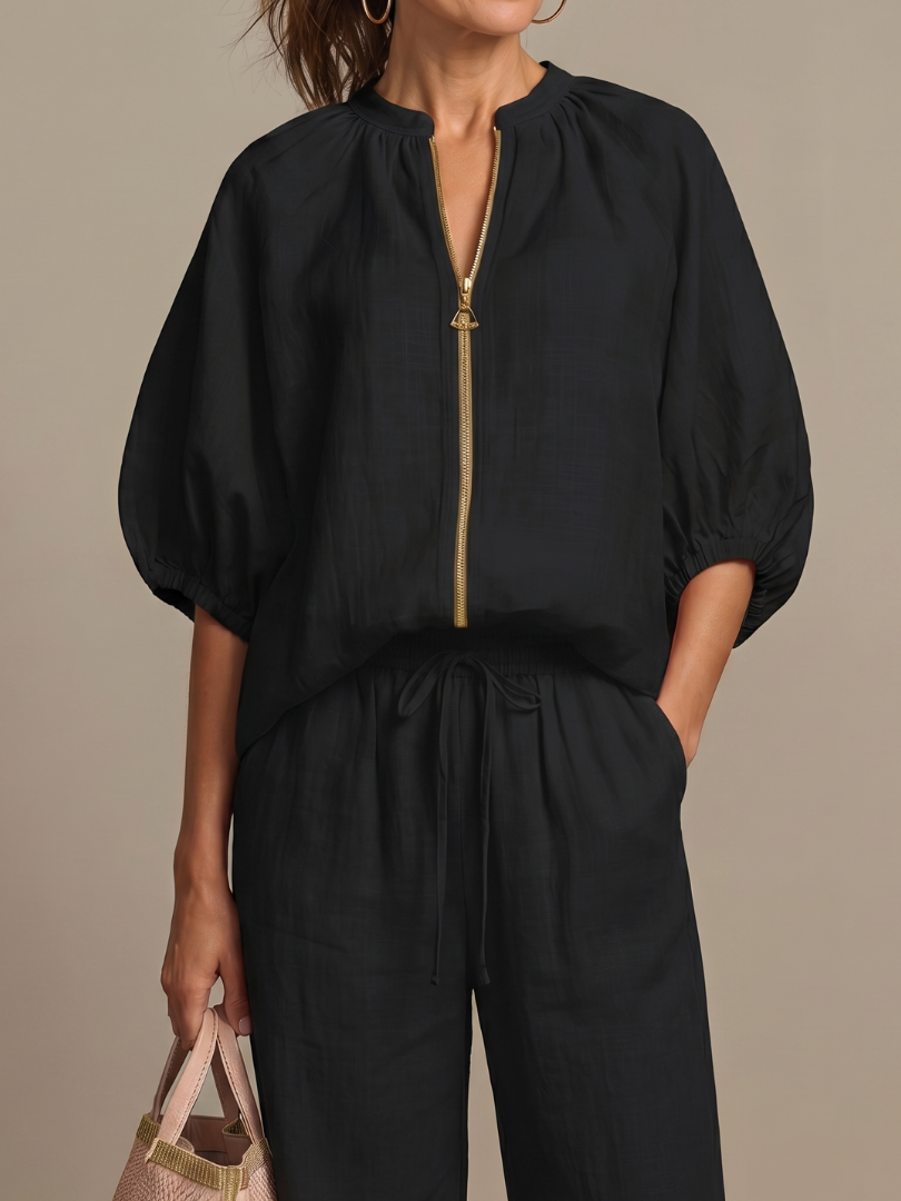 Natalia | Blouson Top mit Reißverschluss und Weitbein-Hose