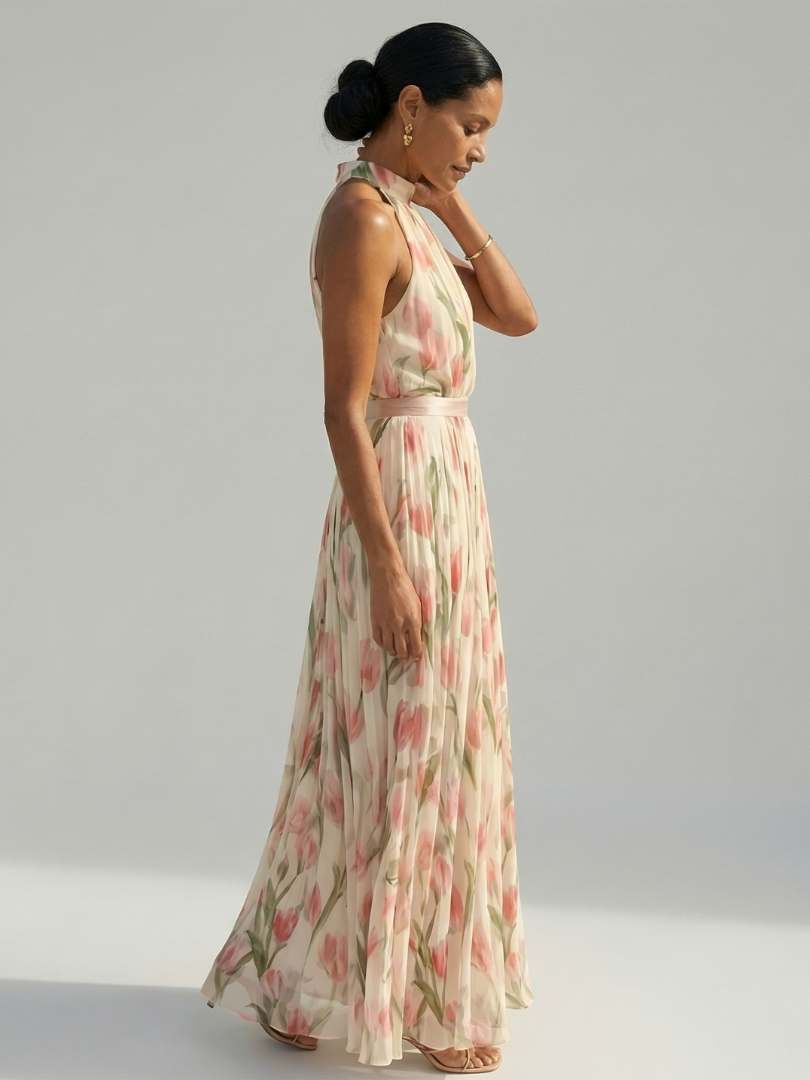 Aurelle | Midi-Kleid mit Blumen-Halterkragen