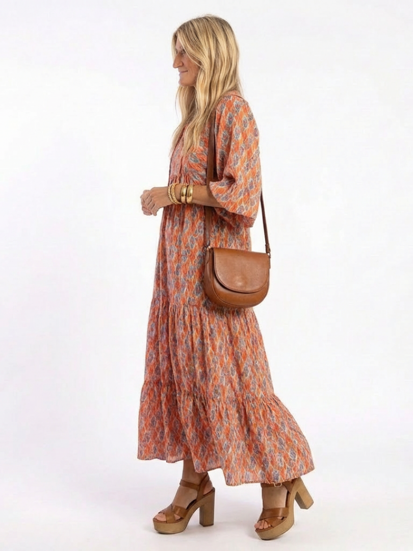 Amara | Midi-Kleid mit geometrischem Muster und V-Ausschnitt
