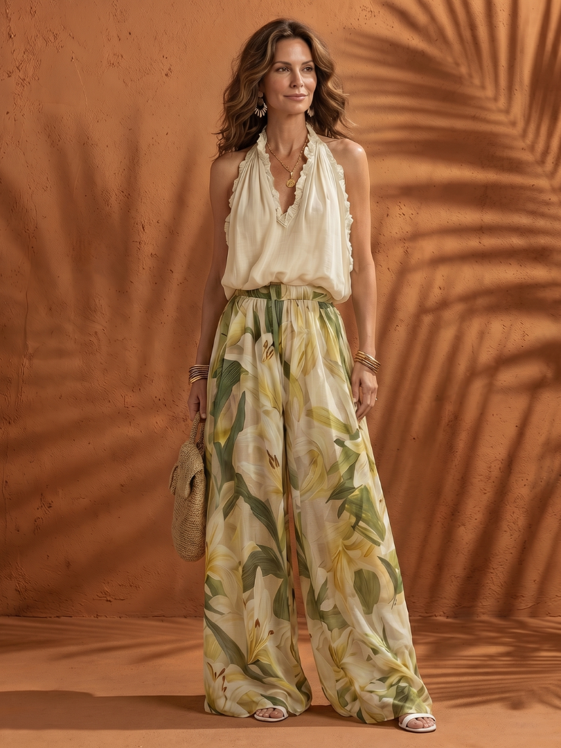 Solange | Halter Neck Bluse Floral Weite Bein Set