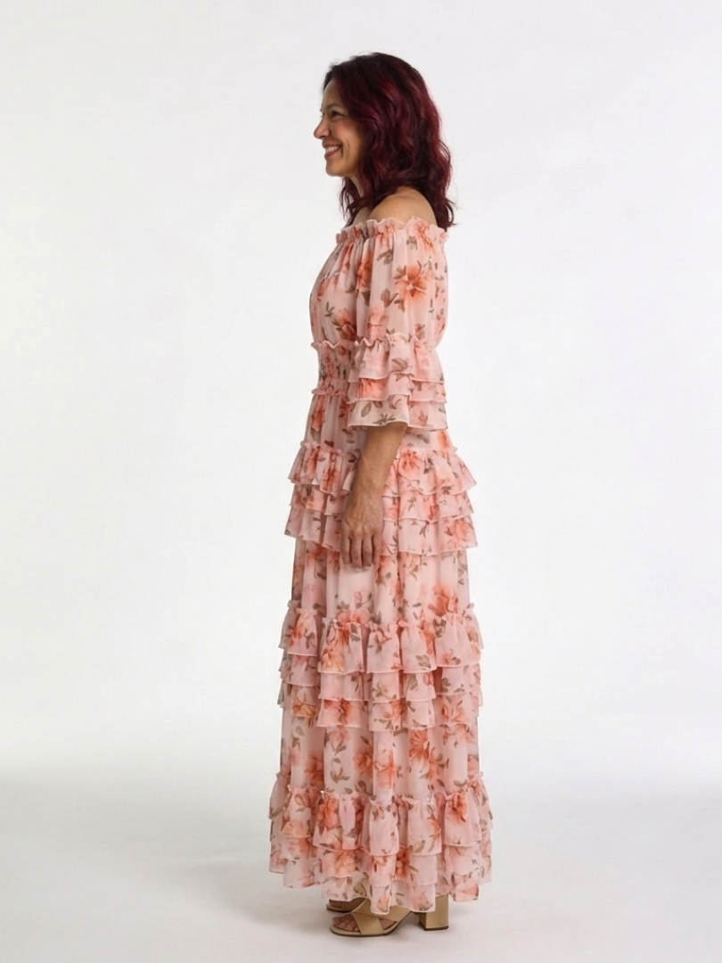 Rosalie | Maxikleid mit Rüschen und floralem Dekolleté Bardot