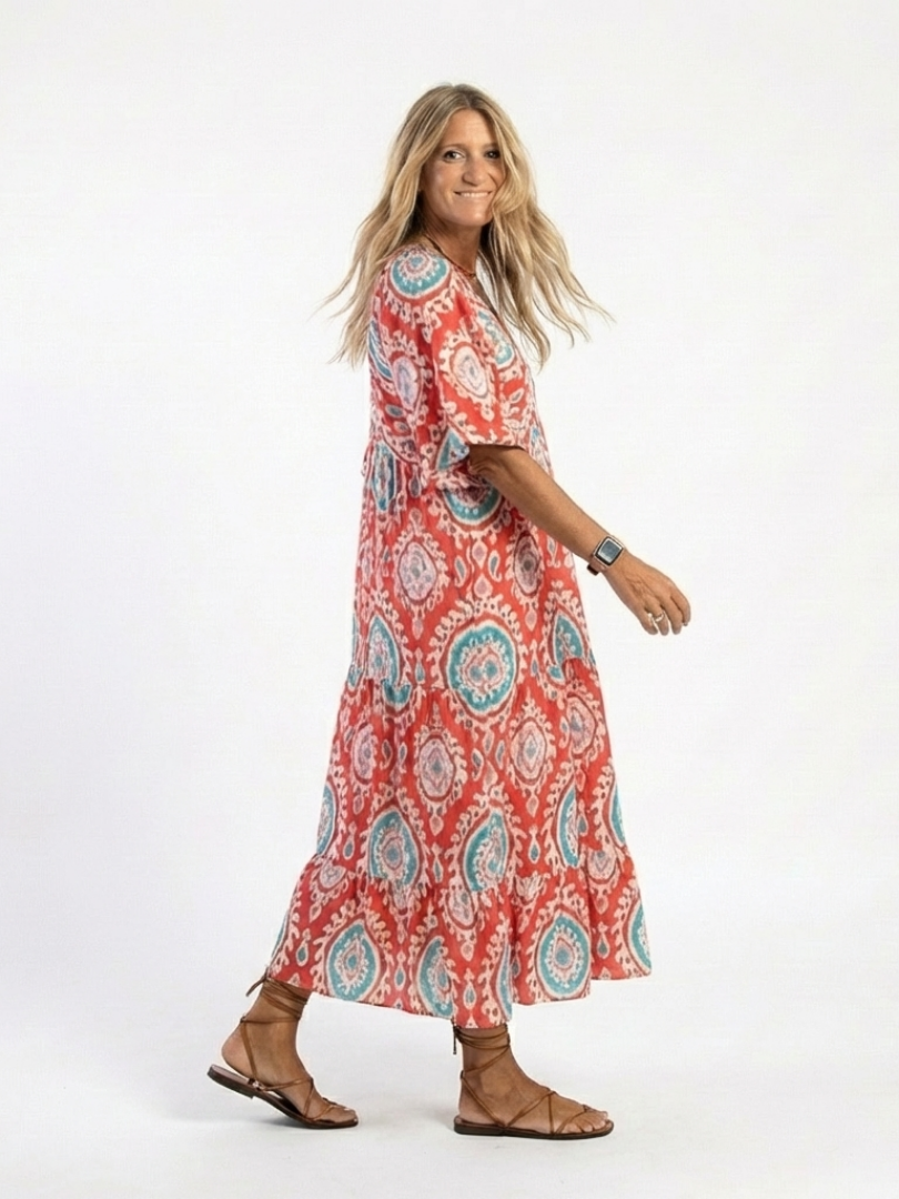 Zaria | Midi-Kleid mit Paisley-Muster, V-Ausschnitt und kurzen Ärmeln