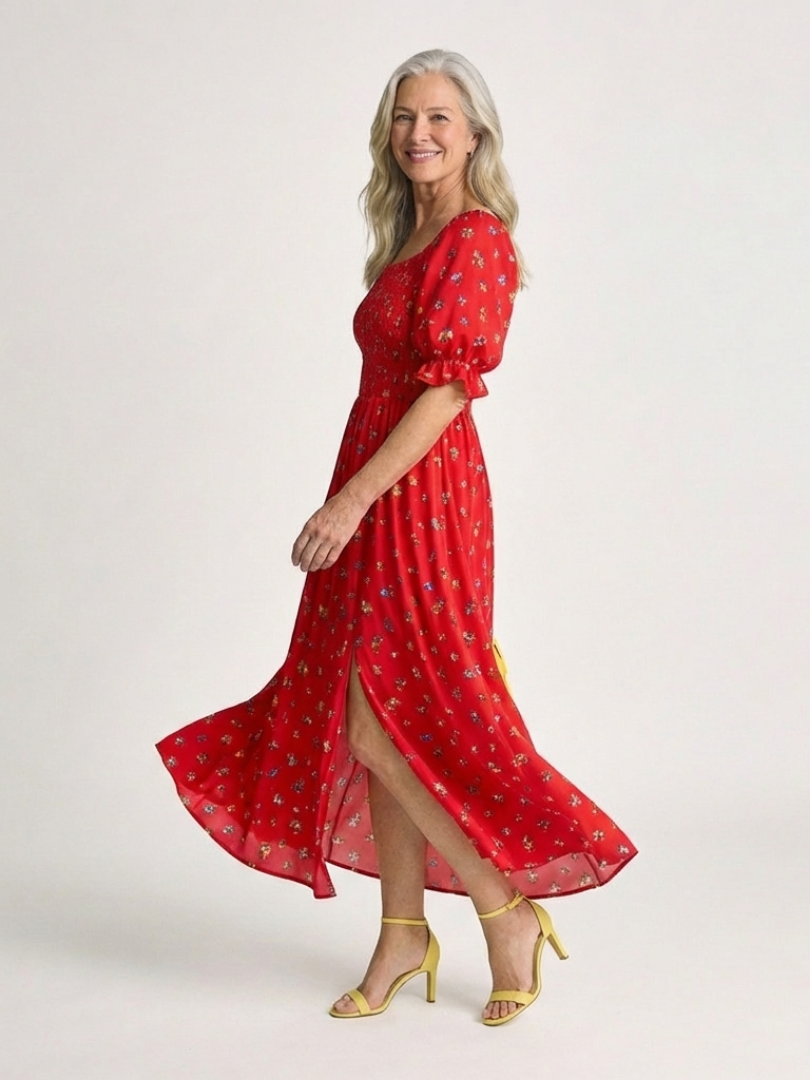 Delphine | Midi-Kleid mit Puffärmeln und quadratischem Ausschnitt mit Blumen