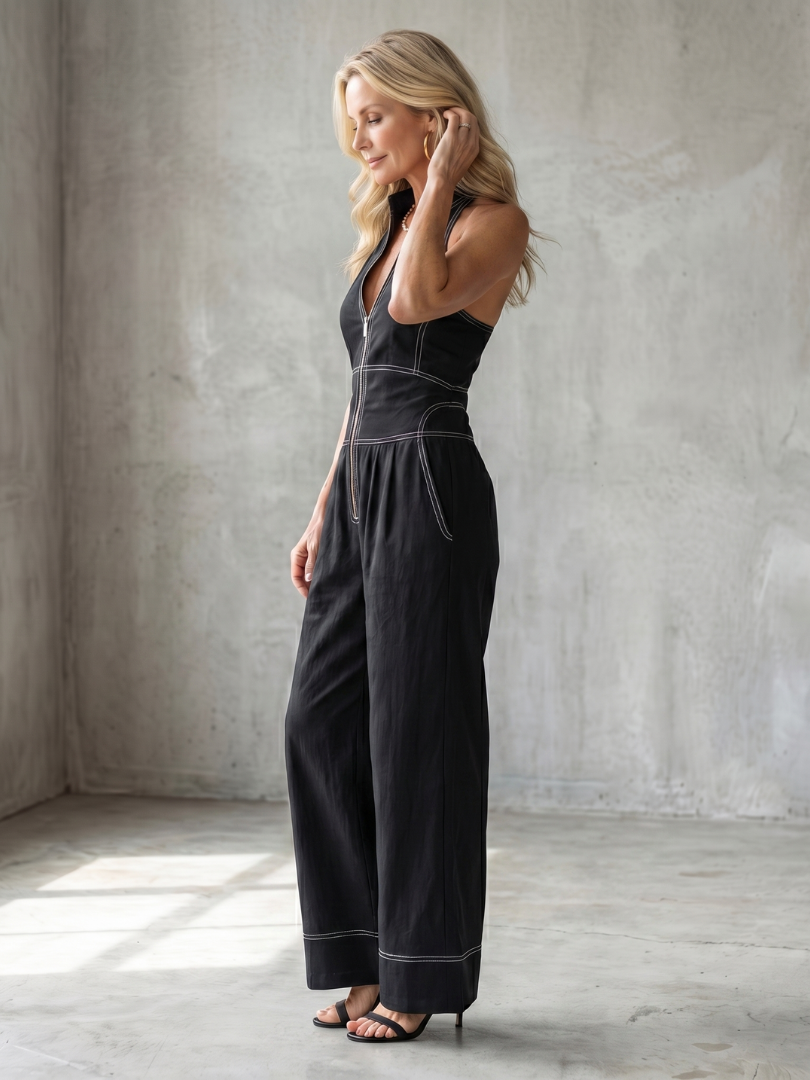Dara | Zip-Front-Kontraststich weiter Beinsprunganzug