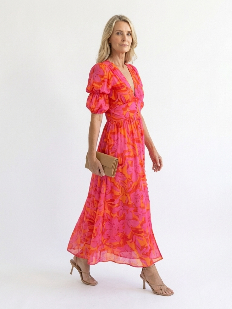 Weide | Midi Kleid mit Puffärmeln und V-Ausschnitt im Floral-Design