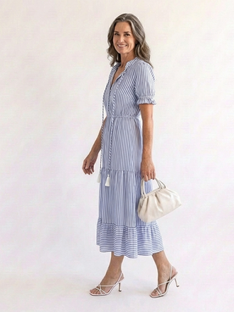 Dakota | Midi-Kleid mit kurzen Ärmeln und Streifen