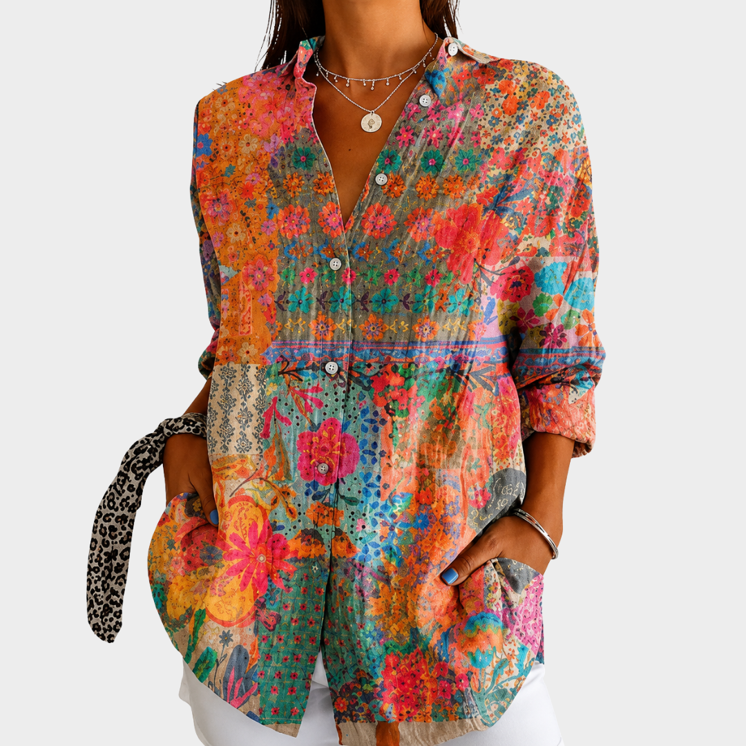 Bluse mit Frontknöpfen im Patchwork-Design mit Sonnenblumen