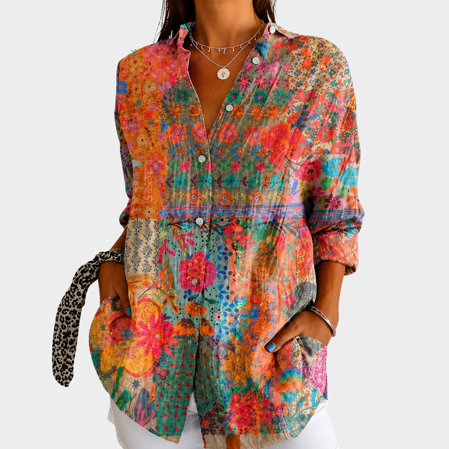 Bluse mit Frontknöpfen im Patchwork-Design mit Sonnenblumen