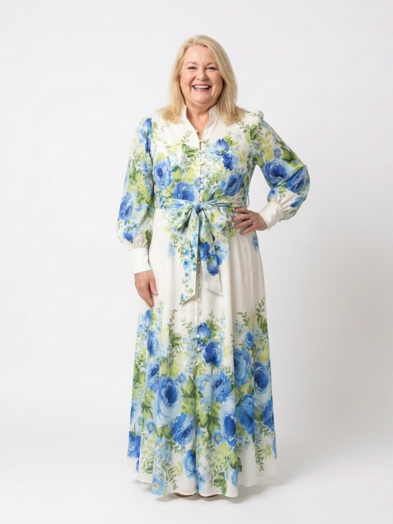 Harper | Maxikleid mit langen Ärmeln und Blumenmuster mit Frontknopf