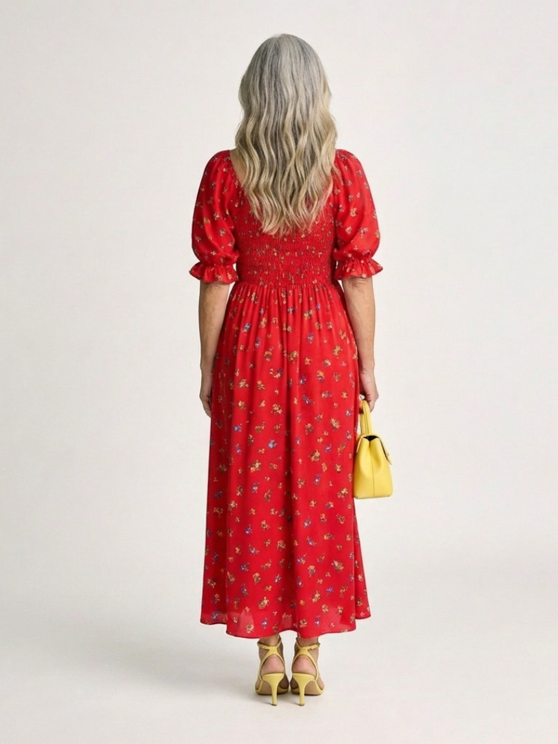 Delphine | Midi-Kleid mit Puffärmeln und quadratischem Ausschnitt mit Blumen