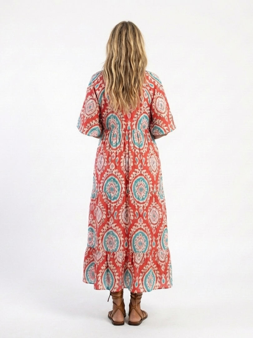 Zaria | Midi-Kleid mit Paisley-Muster, V-Ausschnitt und kurzen Ärmeln