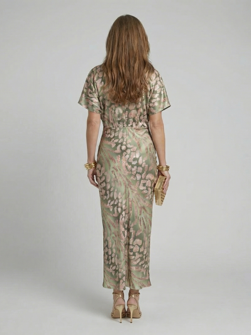 Coralie | Midi-Kleid mit abstraktem Muster, V-Ausschnitt und gedrehter Taille