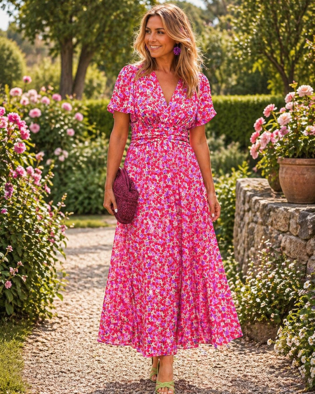 Rosalie | Lange Blumenkleid mit Drapierung in der Taille