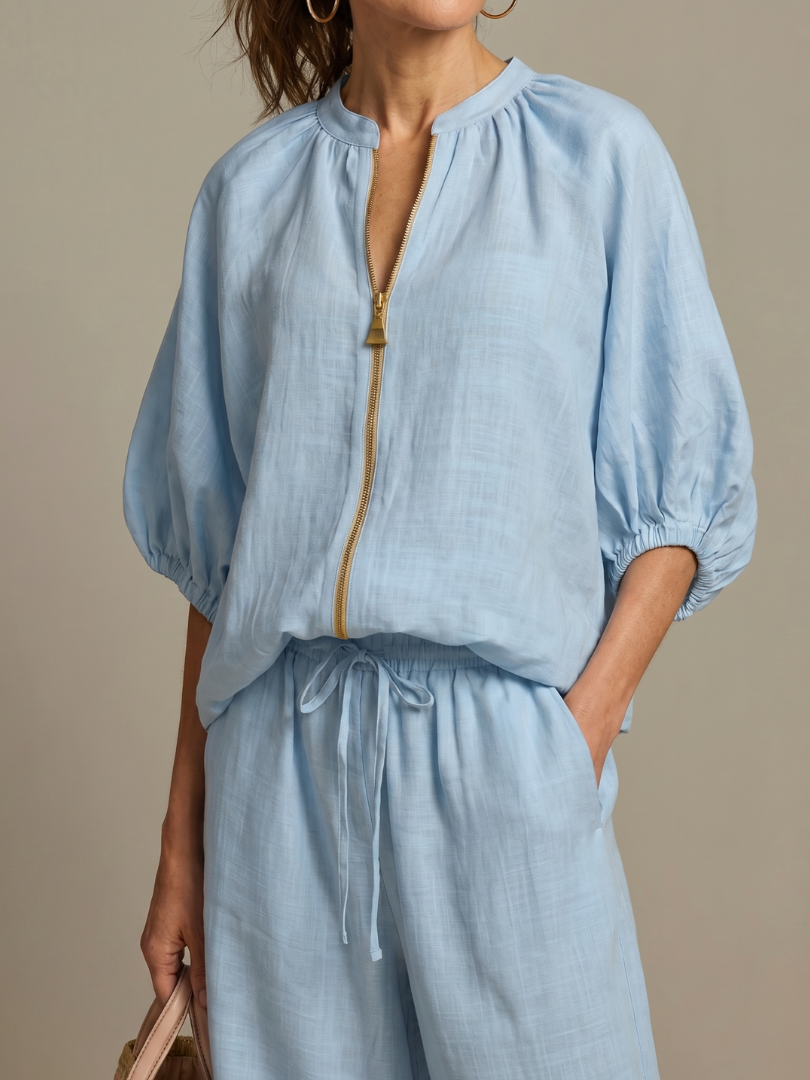 Natalia | Blouson Top mit Reißverschluss und Weitbein-Hose