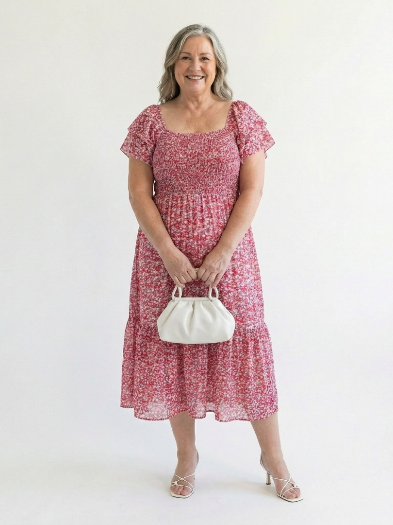 Odette | Midi Kleid mit Blumenmuster und schulterfreiem Ausschnitt