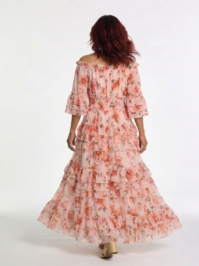Rosalie | Maxikleid mit Rüschen und floralem Dekolleté Bardot