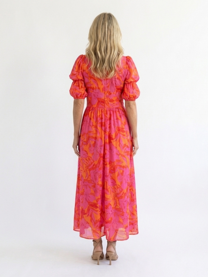 Weide | Midi Kleid mit Puffärmeln und V-Ausschnitt im Floral-Design