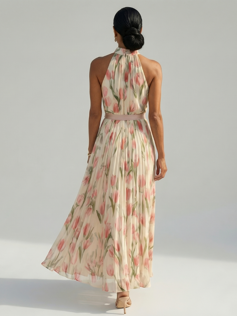 Aurelle | Midi-Kleid mit Blumen-Halterkragen