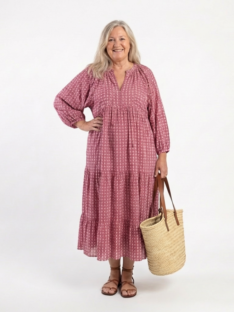 Arlette | Midi-Kleid mit geometrischem Muster und langen Ärmeln