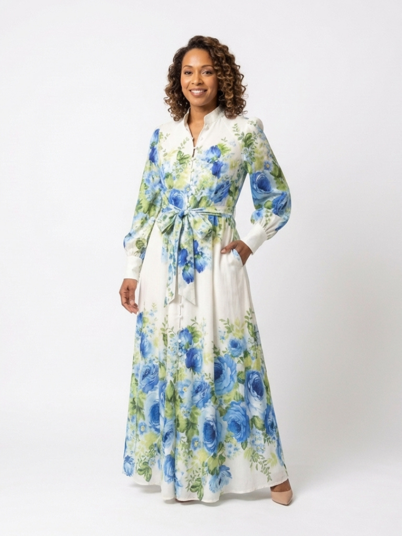Harper | Maxikleid mit langen Ärmeln und Blumenmuster mit Frontknopf
