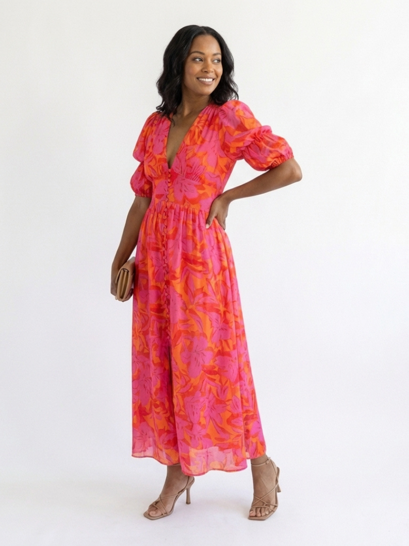 Weide | Midi Kleid mit Puffärmeln und V-Ausschnitt im Floral-Design