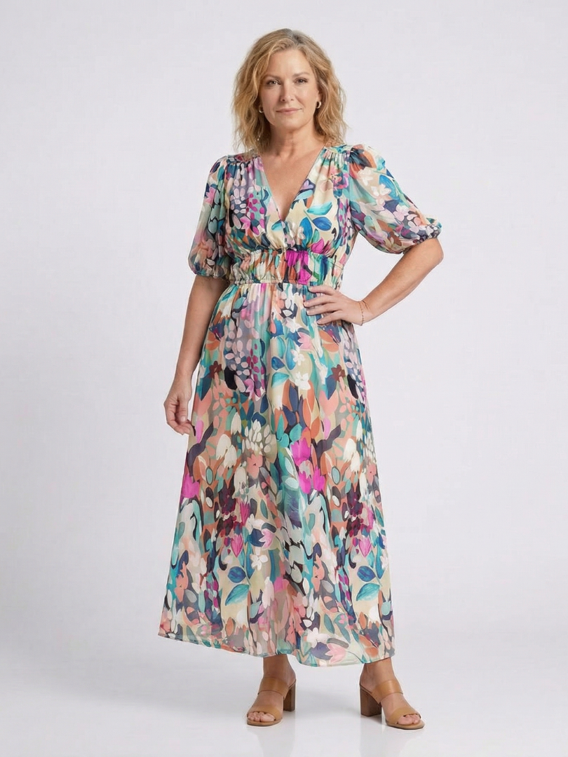 Eulalie | Midi-Kleid mit kurzen Ärmeln und geraffter V-Ausschnitt