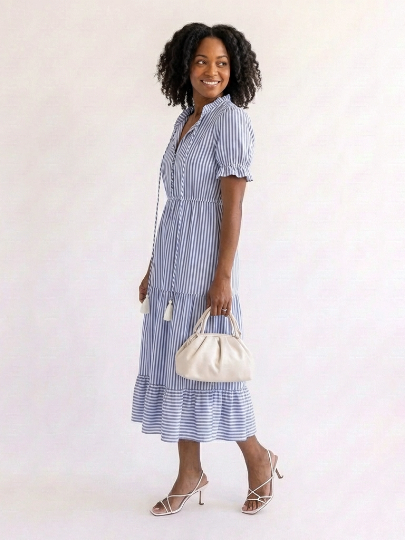 Dakota | Midi-Kleid mit kurzen Ärmeln und Streifen