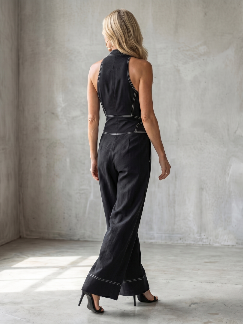 Dara | Zip-Front-Kontraststich weiter Beinsprunganzug